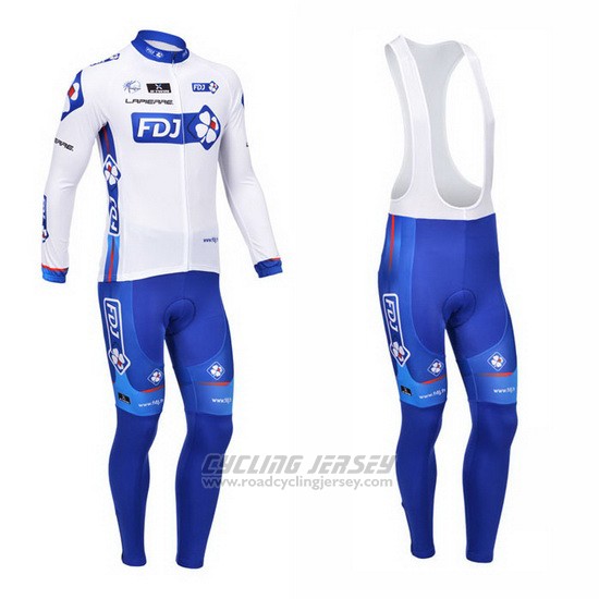 2013 Cycling Jersey FDJ White and Sky Blue Long Sleeve and Bib Tight
